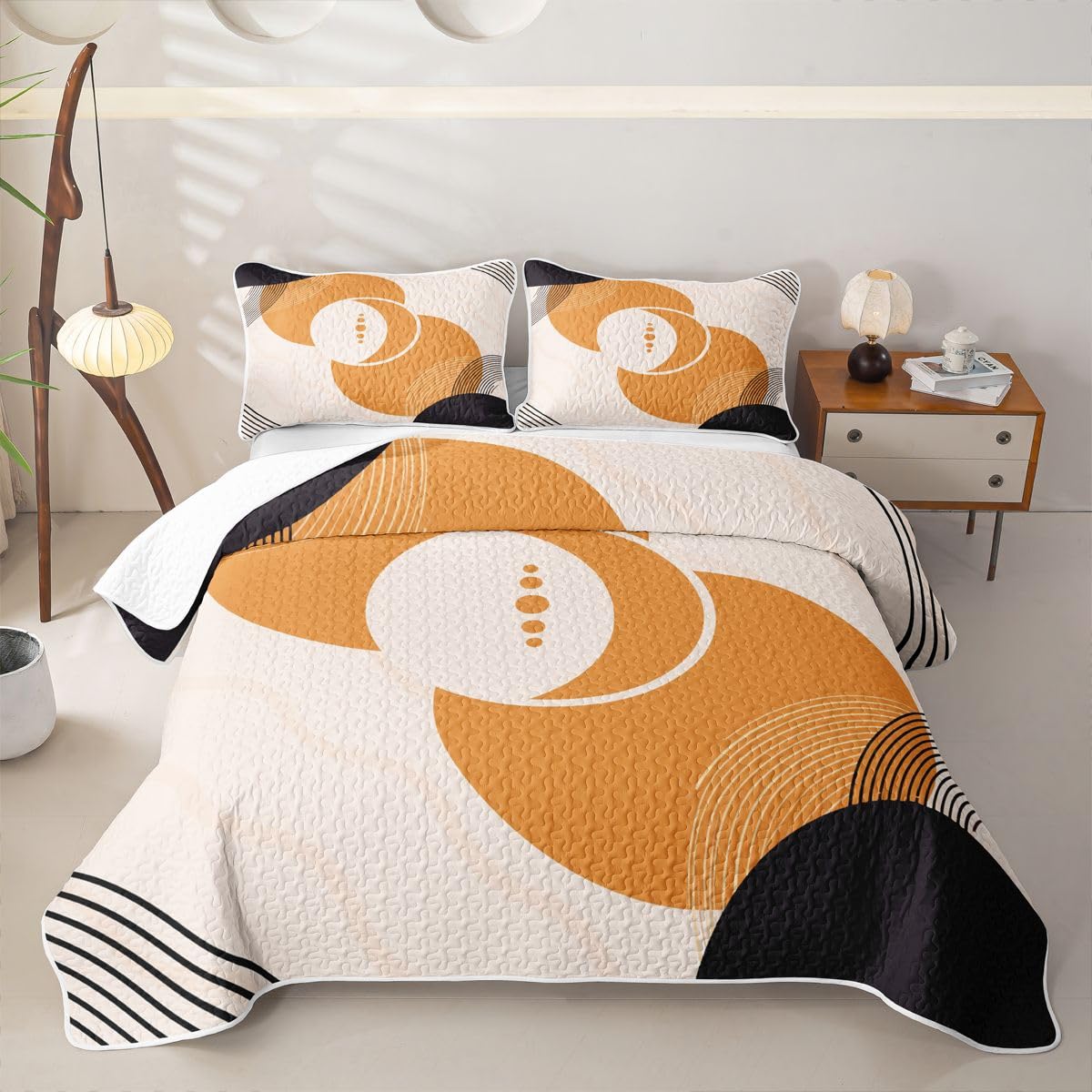 Erosebridal Boho Mid Century Quilt Twin Size - Geometric Circle Minimalist Style Bedspread Bohemian Abstract Bed Coverlet with 1 Pillowcase