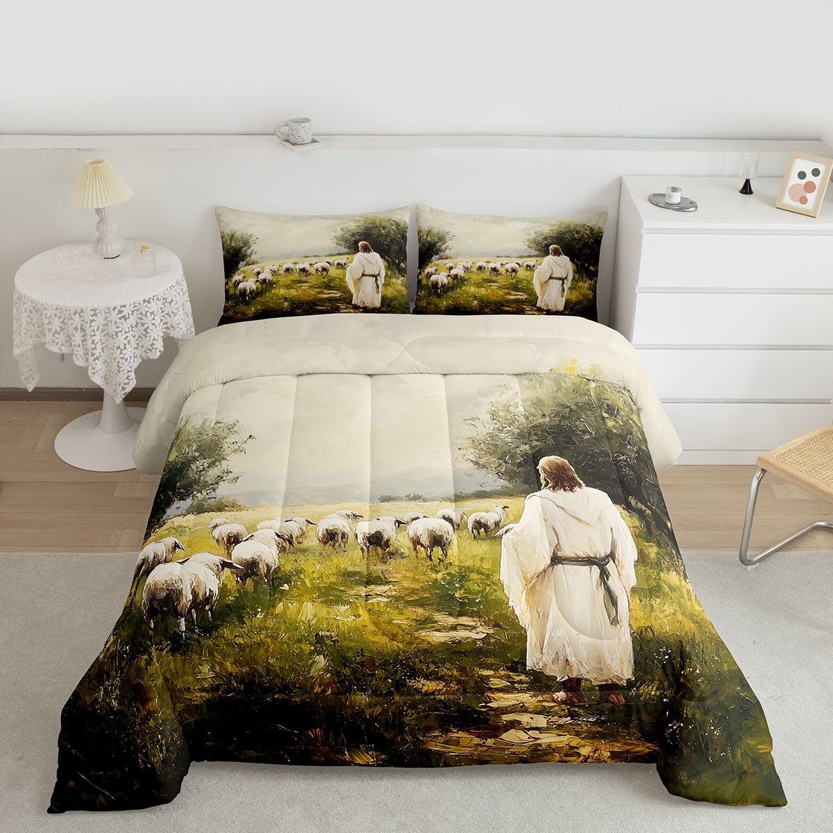 God and Lamb Kids Comforter Set Twin Size,Western Spiritual Bible Verse Bedding Set Boys Girls Room Decor,Bible Stories Spiritual Quilt Comforter,Green White Duvet Set Bedroom Quilt Set,1 Pillowcase