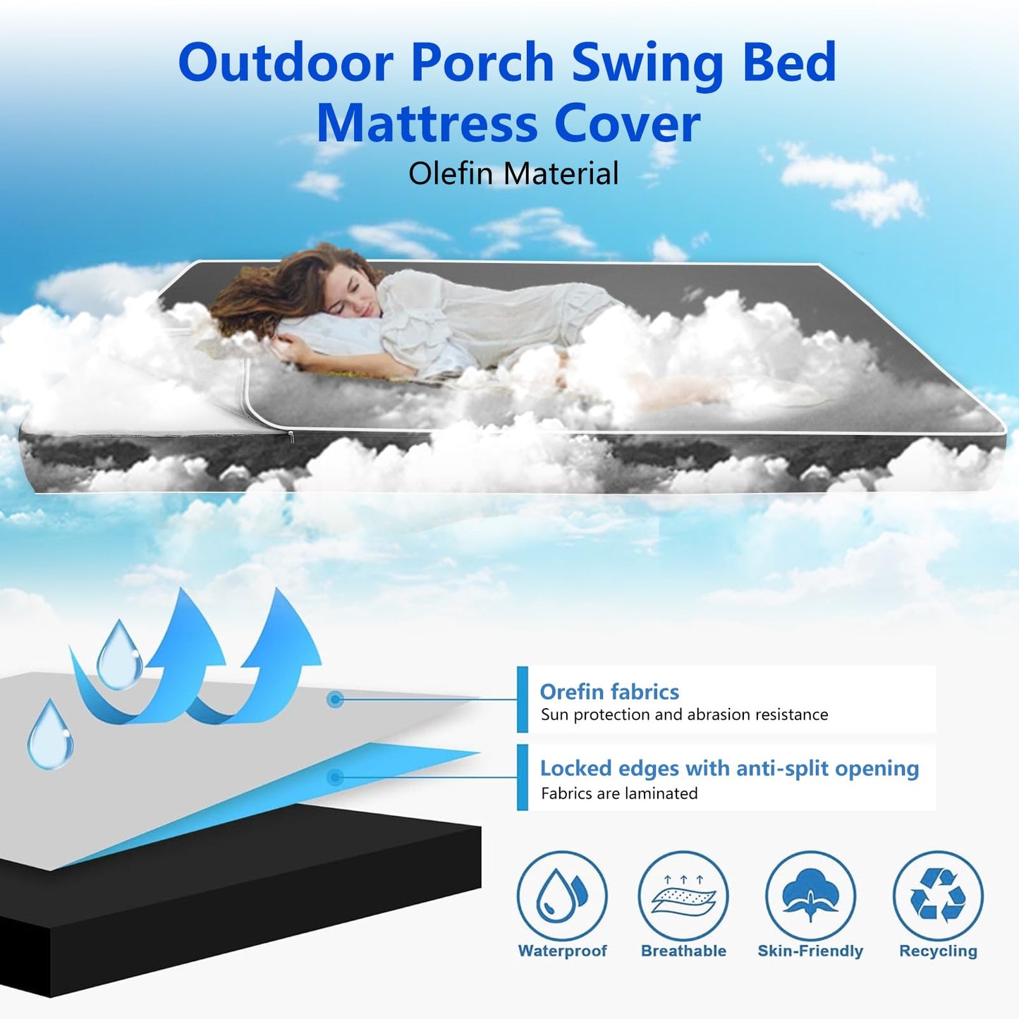 6in Olefin Twin Size Outdoor Daybed Mattress Cover Waterproof, Patio Porch Swing Bed Cushion Covers Sheet Fitted Slipcover with Zipper-ONLY Cover (Dark Grey, 75 * 39 * 6 Inch)