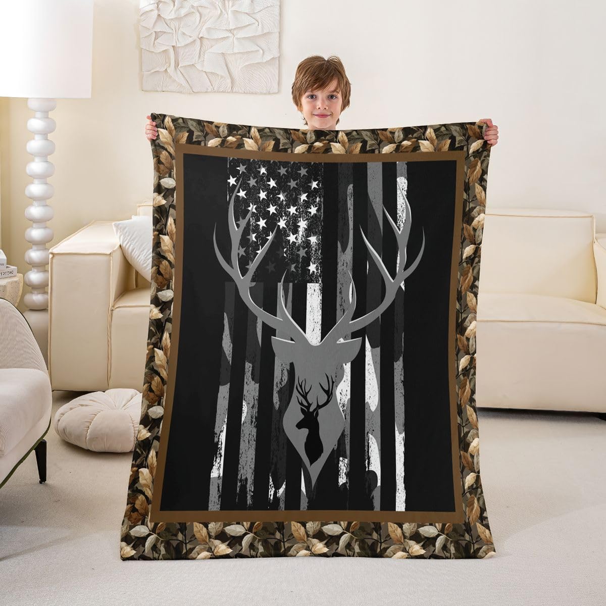 Erosebridal Wild Deer Blanket for Boys,American Flag Throw Blanket Twin 60x80 Inch,Hunting Animal Fleece Blanket All Season,Geometric Striped Fuzzy Blanket for Bedroom