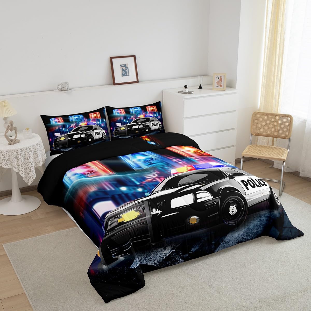 Feelyou Kids Police Car Toddler Bedding Set Policeman Boys Comforter Set for Adults Girls Black The Polica Vehicle Comforter Automobile Car Decor Quilt Set with 1 Pillowcase 2Pcs Bedding Twin