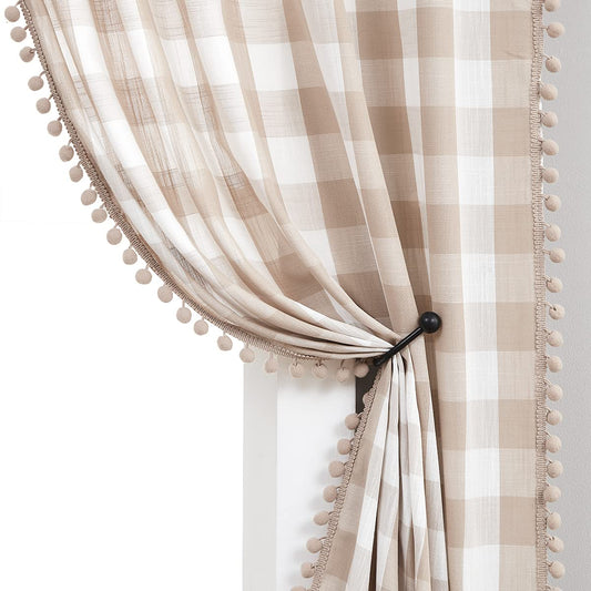 Treatmentex Pompom Buffalo Plaid Curtains 45" Kitchen Curtains Rustic Farmhouse Tan and White Check Curtain Panels for Small Windows Basement Bathroom Rod Pocket 2pcs