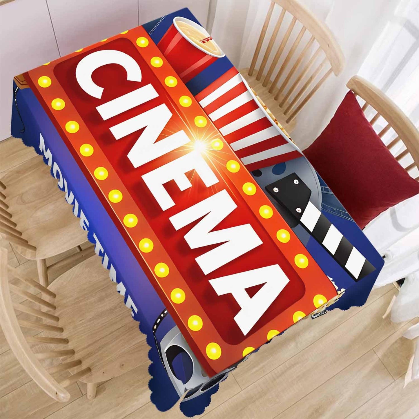 Beabes 52x70 Inch Tablecloth Cinema, Movie Time Popcorn Clapping Board Non-Fading Table Covers Kitchen Dinning Tabletop Decoration, Blue Washable Table Cloth for Outdoor and Indoor Use