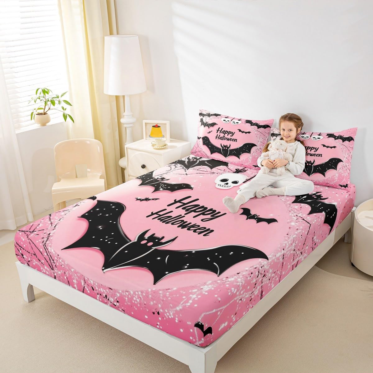Feelyou Kids Happy Halloween Bed Sheet Set Full Size, Black Bat Bedding Set Boys Girls Pink Fitted Sheet Spider Web Teens Bedroom Decor Lightweight Bed Set (No Flat Sheet)