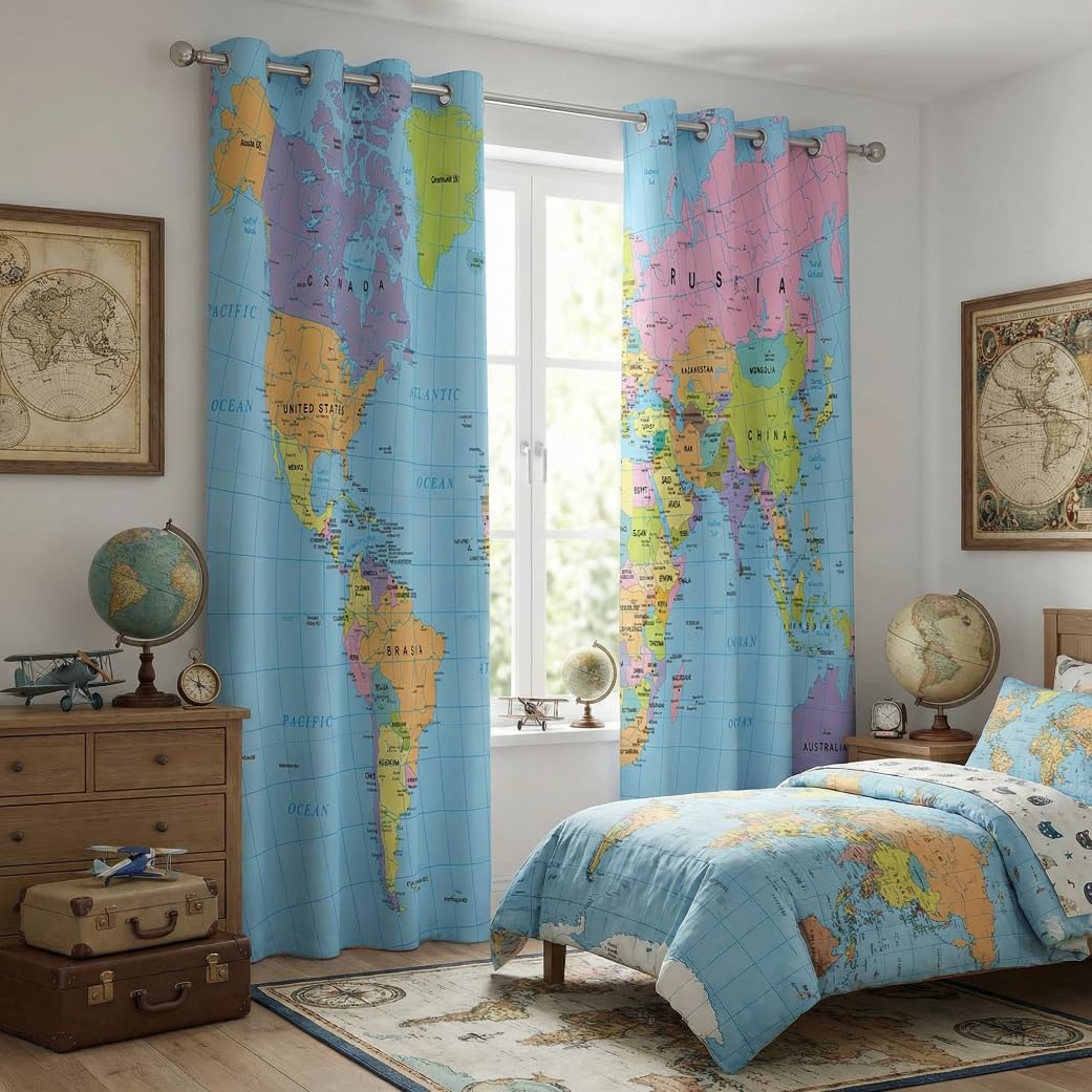 terxgrl World Map Blackout Curtains for Bedroom Living Room, Colorful Educational Geography Political Map Window Drapes for Youth Playroom Study Room, 42 x 45 Inch