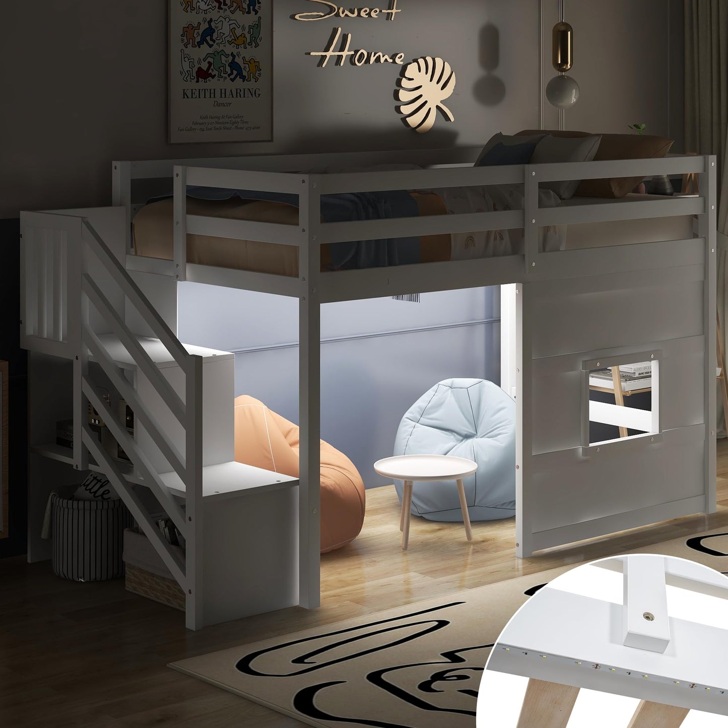 Harper & Bright Designs Twin Low Loft Bed with Staircase and LED for Kids,Wood House Loft Bed Frame with Window and Guardrails,White
