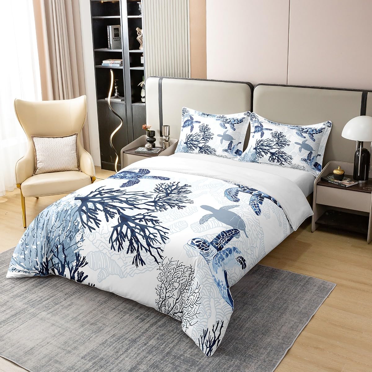 100% Cotton Turtle Duvet Cover Queen, White Blue Sea Turtle Bedding Set for Kids Girls Boys, Nautical Coastal Reptile Tortoise Comforter Cover, Ocean Beach Sea Animal Turtle Summer Quilt Cover