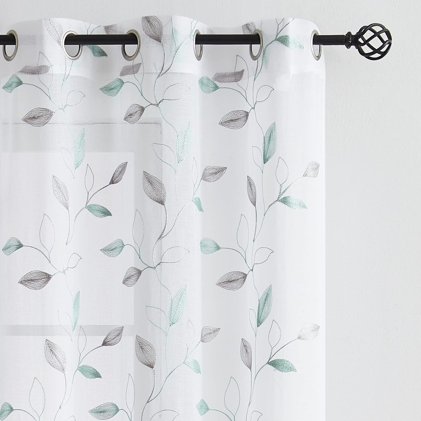 Bujasso Embroidered Leaf Sheer Curtains Floral Farmhouse Light Filtering Window Panels Botanical Patterned Drapes for Living Room Bedroom Grommet Top, Gray Teal 38" Wx84 Lx2