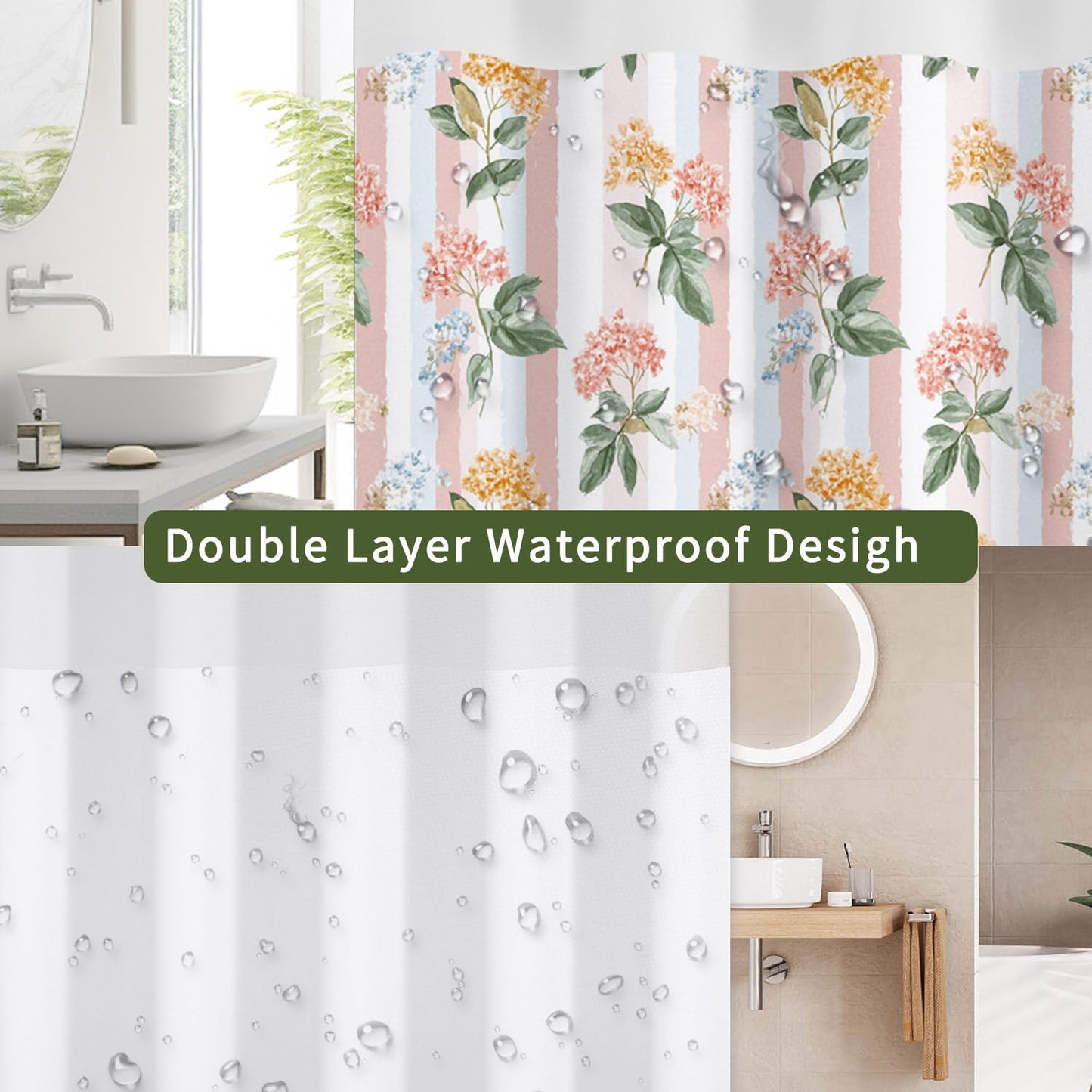 NAEMBCU Boho Floral No Hook Shower Curtain with Snap in Liner Set 71x74 in