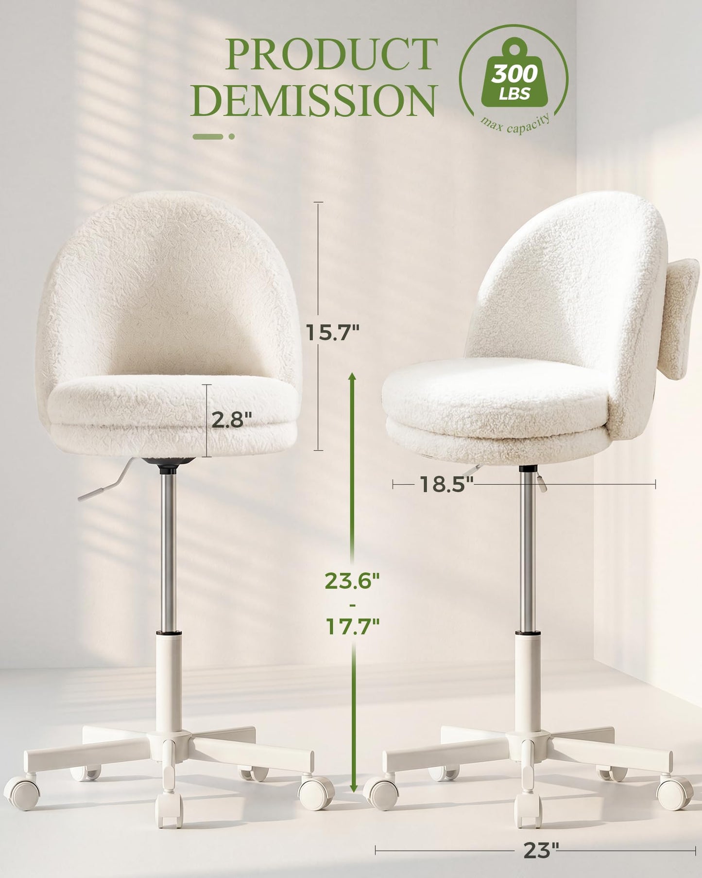 GTPOFFICE Vanity Chair with Back, Adjustable Tall Office Chair High Swivel Bar Stools Fluffy Cute Desk Chair Comfy with Wheels Bow Pillow Armlees for Adults Standing Desk Bar, Teddy Velvet, Cream
