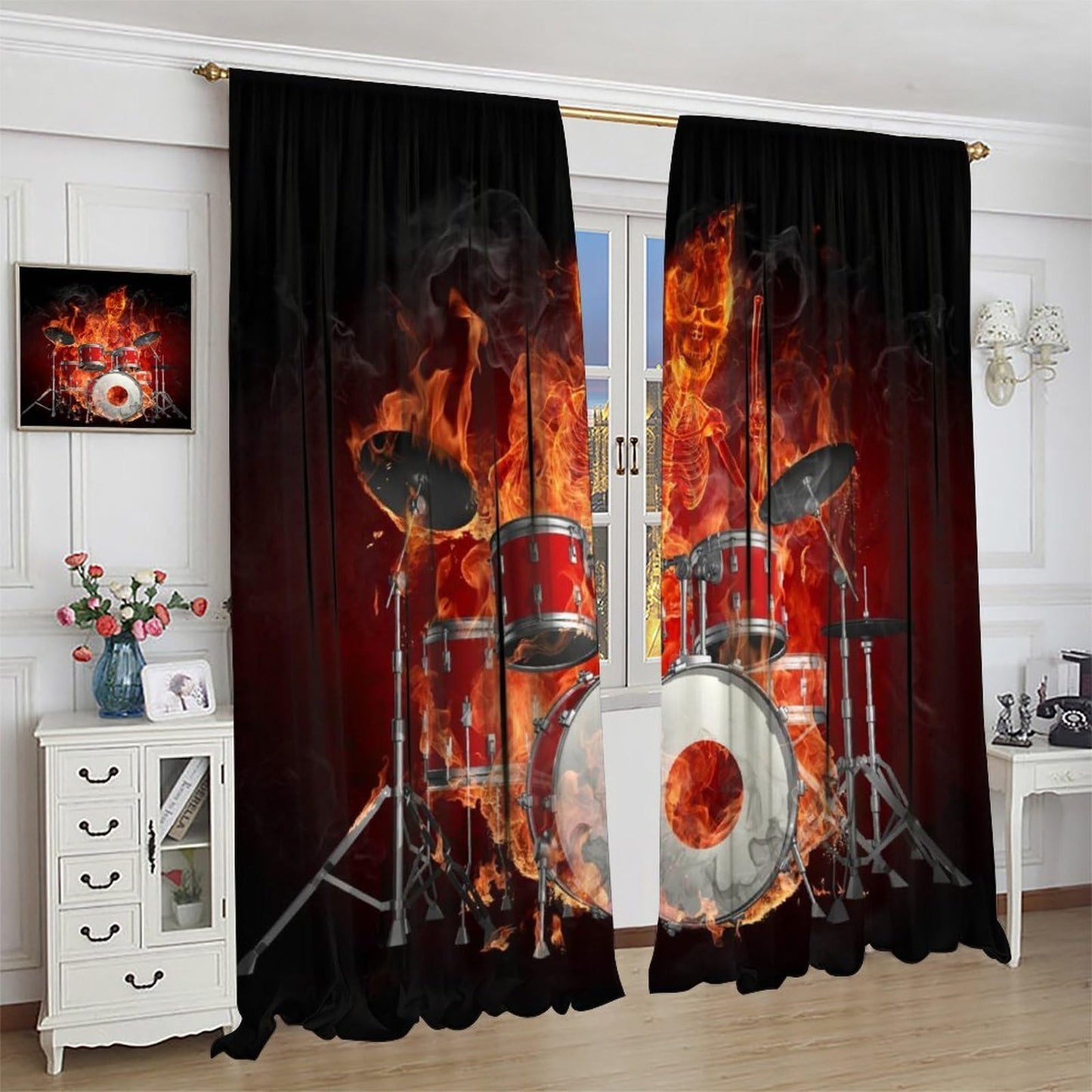 Music Curtain, Skeleton Flame Drums Hell of A Drummer Rock Music Theme Window Treatments Drapes for Boys Girls Teens Bedroom Living Room 42" W X 45" L(No Blackout)