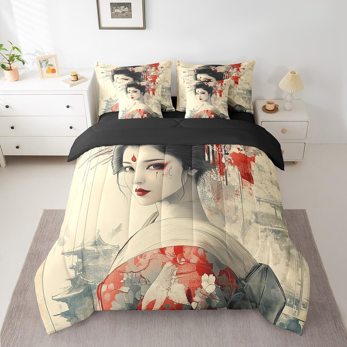 Erosebridal Japanese Geisha Comforter Set Twin,Samurai Ukiyoe Bed in a Bag,Aesthetic Japan Scenery Bedding Set 7Pcs,Art Kimono Quilt
