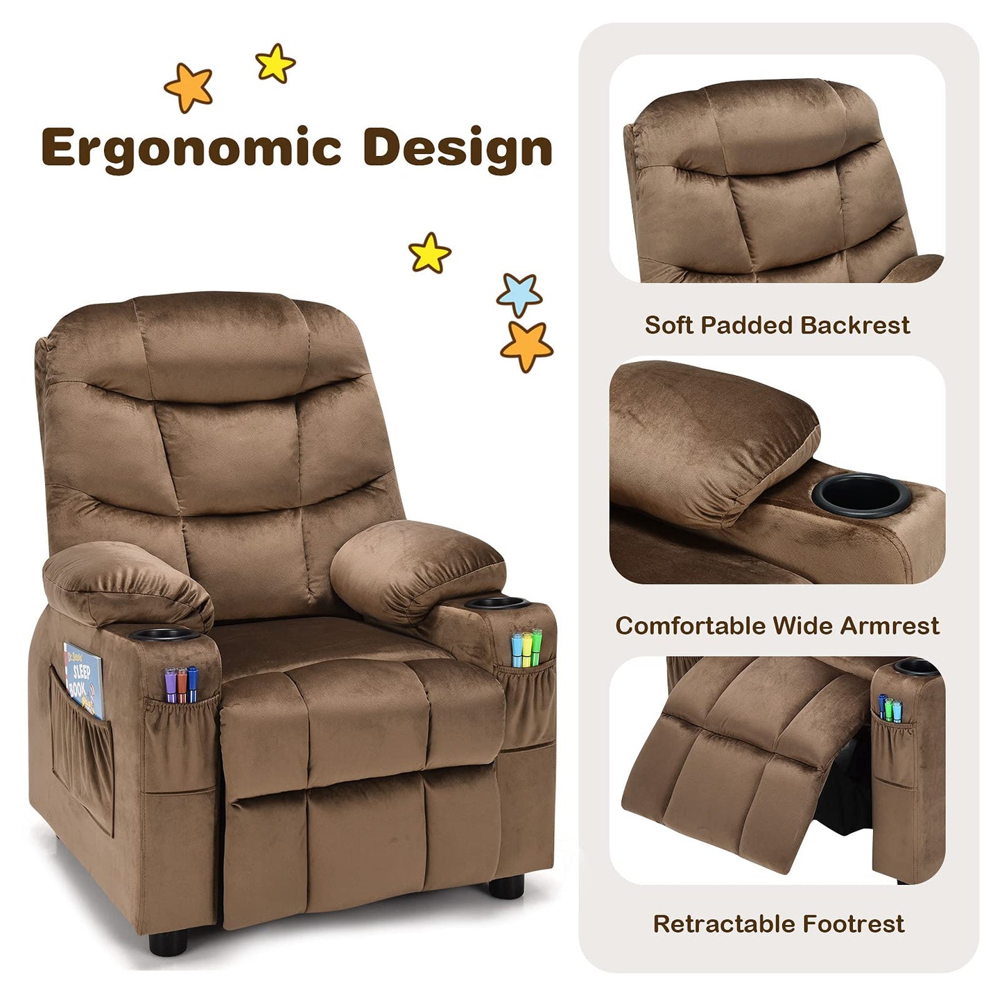 CHEFJOY Kids Recliner, Kids Recliner Chair w/ 2 Cup Holders, Velvet Fabric Chairs Comfy w/Adjustable Backrest & 3 Pockets, Toddler Furniture Sofa for Boys Girls Aged 3+