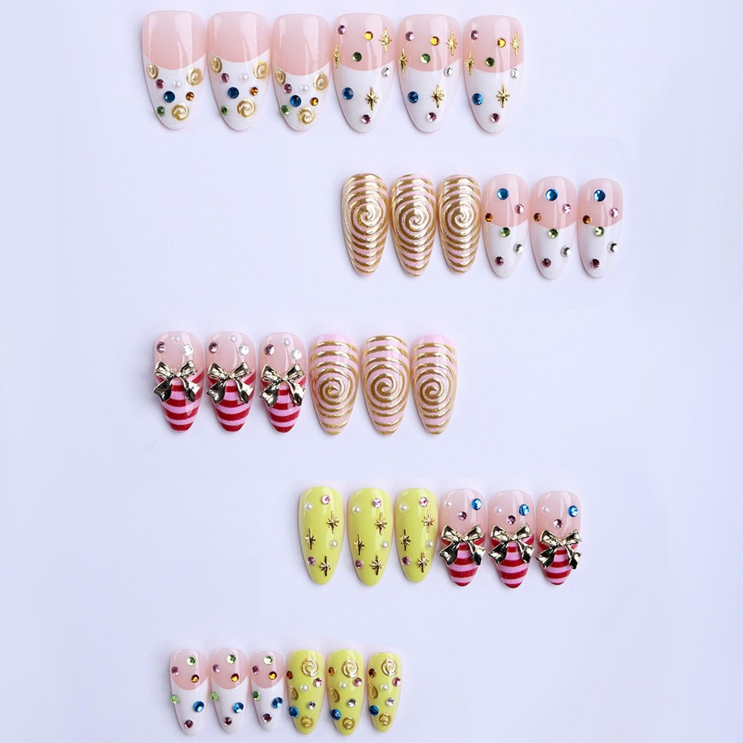 Octoswave Long Almond Press on Nails with 3D Bow, Spiral & Rhinestone Accents – Vibrant Acrylic Fake Nails for Women, Perfect for Parties, Weddings, Holidays & Daily Glam (30Pcs)