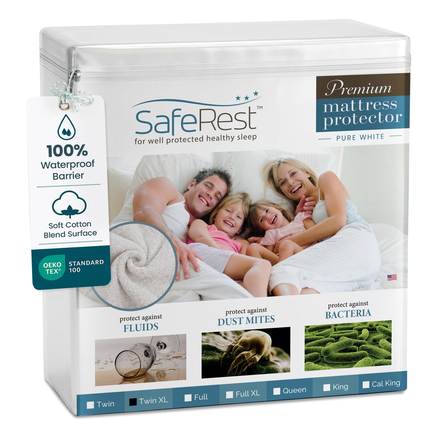 SafeRest Waterproof Twin XL Size Mattress Protector - Fitted with Stretchable Pockets - Machine Washable Cotton Blend Mattress Cover for Bed