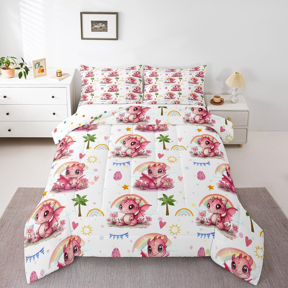 Girly Pink Dragon Bedding Comforter Sets Toddler,Cute Dragon Rainbow Cartoon Eggs Bedding Set for Bedroom Decoration,Rustic Coconut Tree Pink Hearts with 1 Comforter and 1 Pillow Case Bedroom Decor