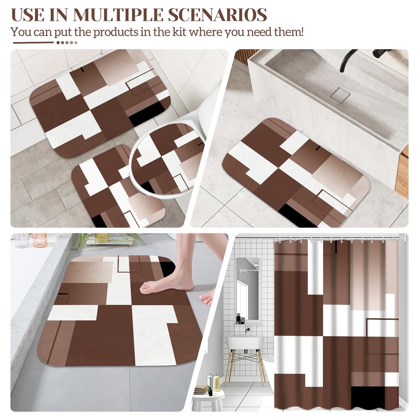 KINUUIS 4 Pcs Brown Geometric Bathroom Shower Curtain Sets with with Toilet Lid Cover and Non-Slip Rugs,Brown Bathroom Decor Sets with Shower Curtain and Rugs for Bathroom