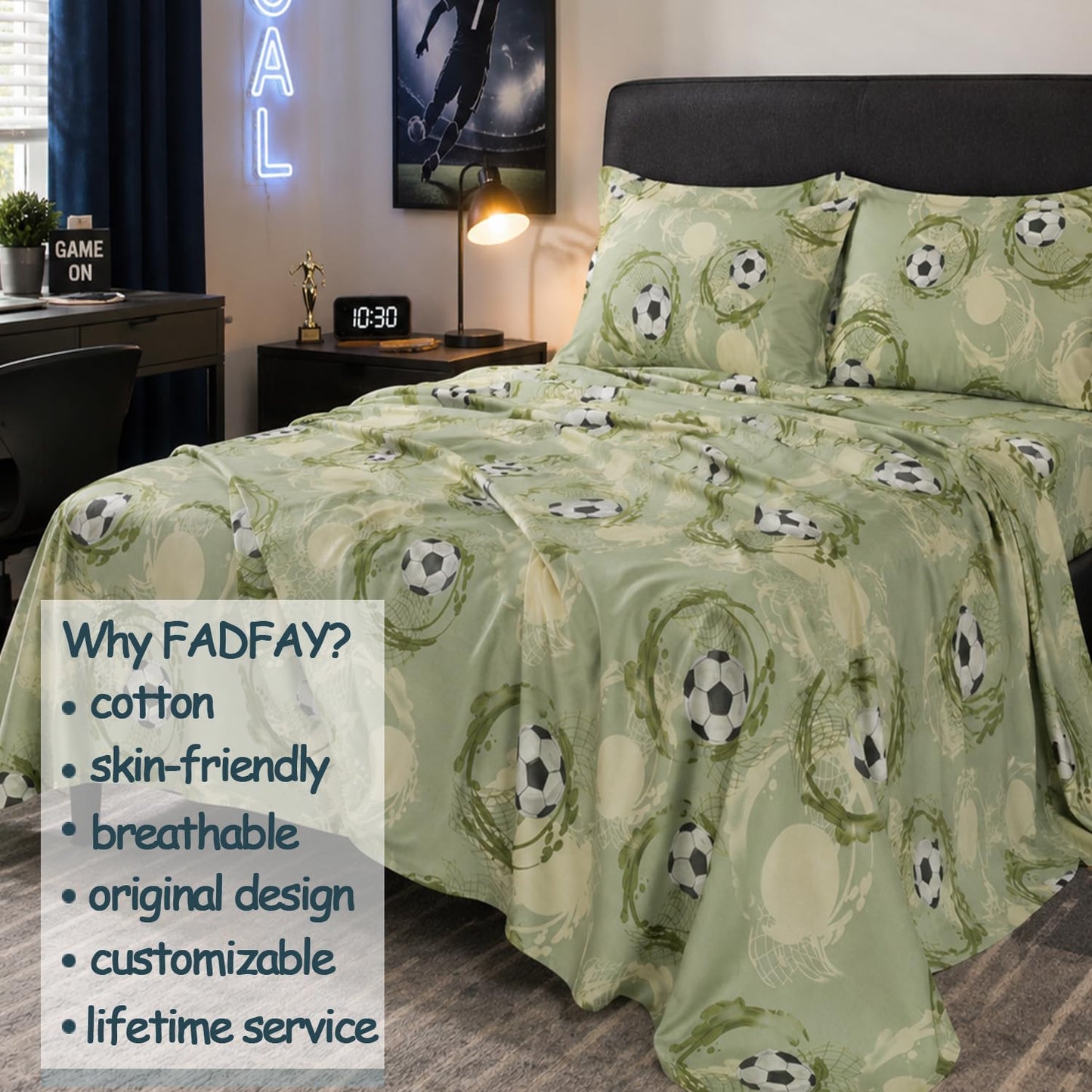 FADFAY Premium 100% Cotton Soccer Sheet Set King – Ultra Soft Breathable Sage Green Sports Bedding, Modern Athletic Soccer Ball Bed Sheets, Deep Pocket 4 Piece Set