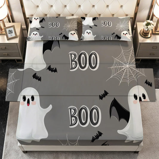 Halloween Sheets Twin Size - Gothic Spooky Ghost Spiderwebs Bed Sheet Set - Deep Pocket Soft Microfiber Bedding Set 3 Piece - Fitted Flat Sheet Pillowcase - Halloween Bedroom Decor & Gifts