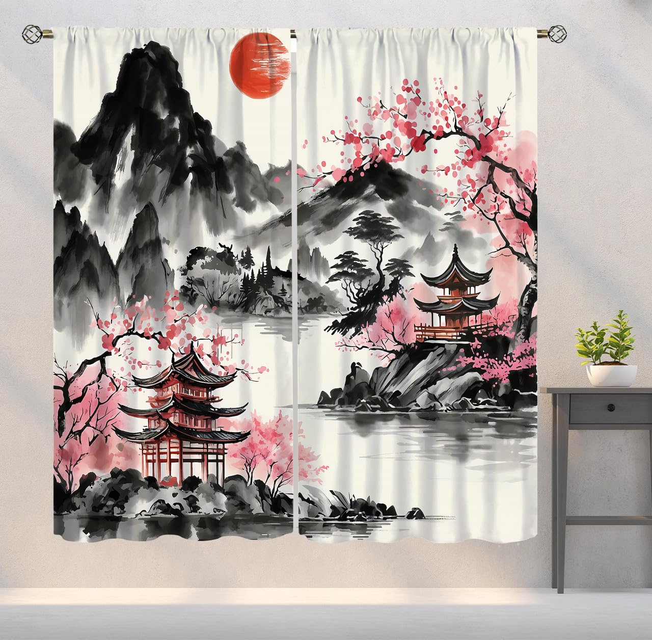 YSWOW Japanese Curtains, Asian Cherry Blossom Landscape Japanese Animation Art Printed Window Drapes for Bedroom Living Room Kitchen Decor Fabric 2 Panel 42x45 Inch 30% Shading Rate
