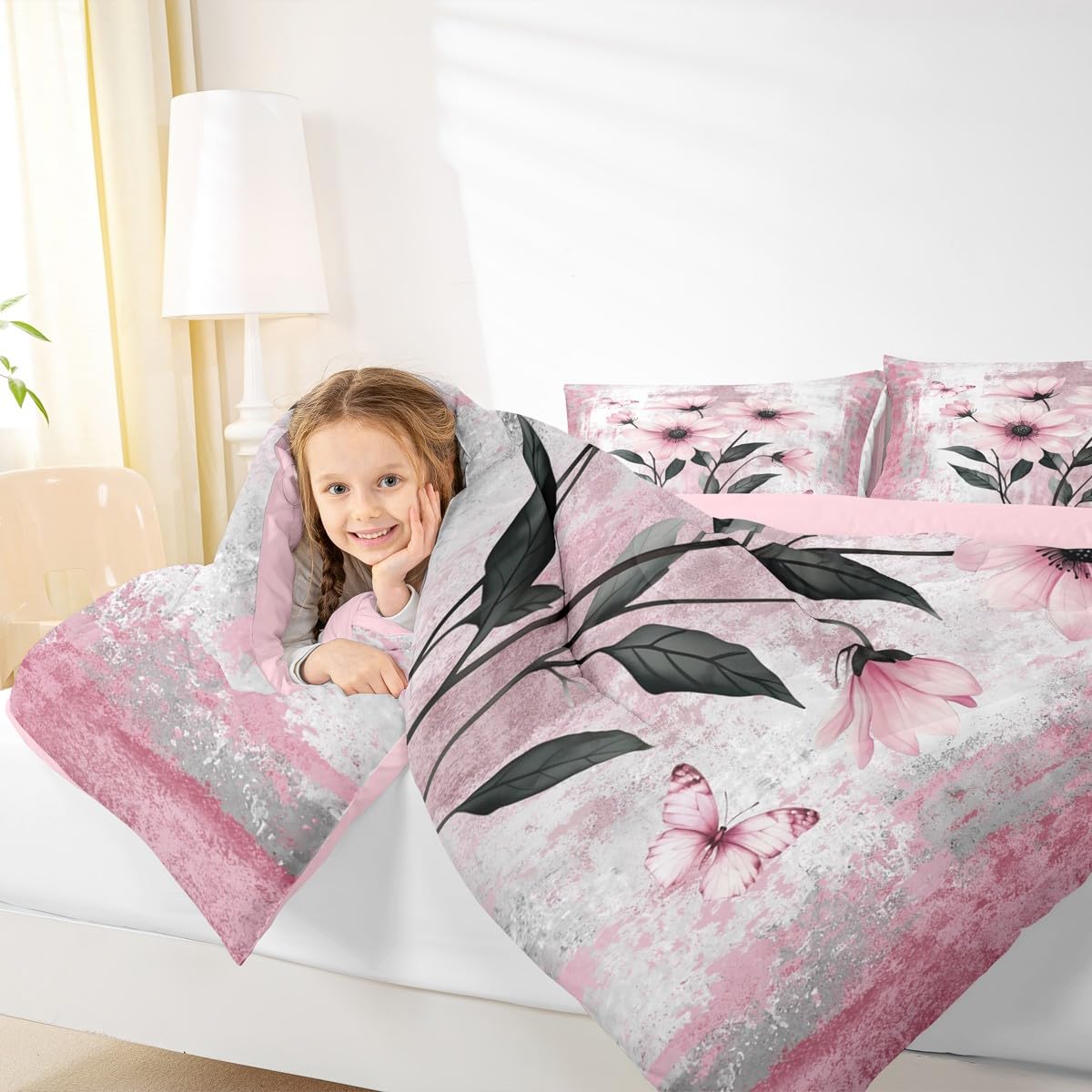 Erosebridal Watercolor Daisy Flowers Queen Comforter Set Abstract Oil Painting Bedding Set Rustic Farmhouse Bed Set Ombre Pink White Quilt Set