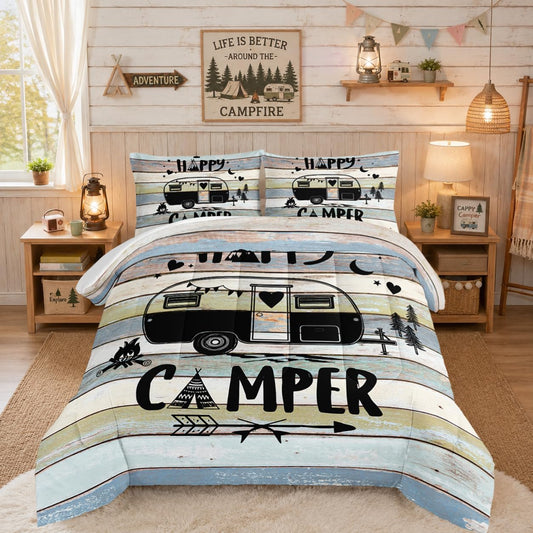 HOSIMA Vintage Comforter Set,Camper Bedding Set for Kids Boys Girls,Camping Travel Trailer Printed Comforter for Camper Decor,Happy Camping Theme Bedding Set Twin Size with 2 Pillowcases.