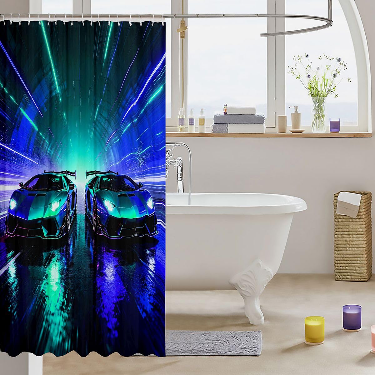Feelyou Blue Racing Car Shower Curtain for Bathroom Decor Boys Sports Car Bath Curtain Racing Extreme Bathroom Accessories Speed Sports Waterproof Polyester Fabric for Stalls Bathtubs 72"x72"