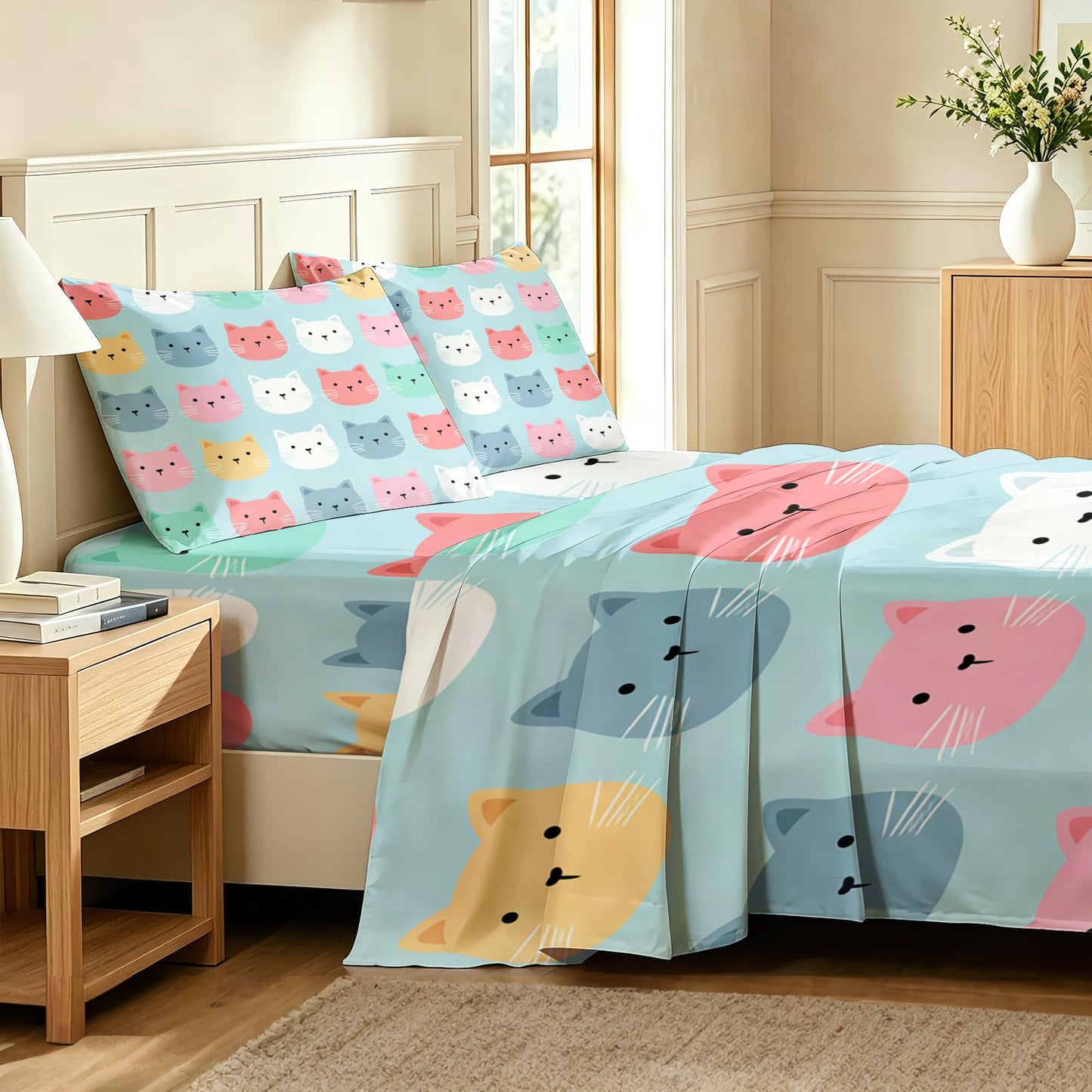 Cute Cat Sheet Set, 4 Pcs Queen Size Girls Kitten Bed Sheets