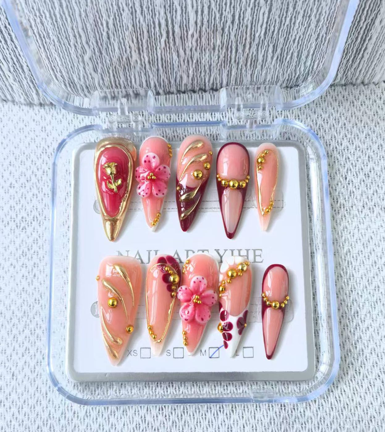Long Stiletto Press on Nails Handmade False Nails Red French Tip Fake Nails with 3D Flower Gold Line Designs Sparkly luxury Artificial Nails for Women 10pcs (Size M）