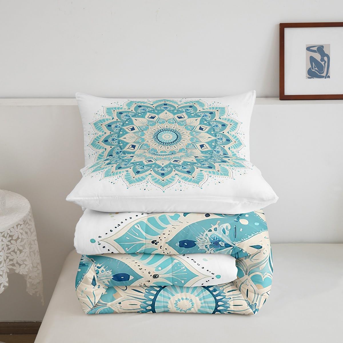 jejeloiu Hippie Mandala Bedding Set Full Size Kids Boho Mandala Comforter for Boys Girls Bohemian Style Comforter Set Green Duvet Set Room Decorations Quilt Set