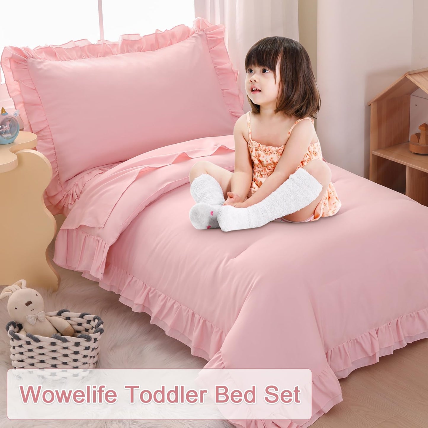 Wowelife Toddler Bedding Set for Girls, 4 Piece Double Ruffles Soft and Breathable Crib Bedding Set for Girls, Includes Quilted Toddler Comforter, Fitted Sheet, Flat Sheet and Pillowcase, Pink