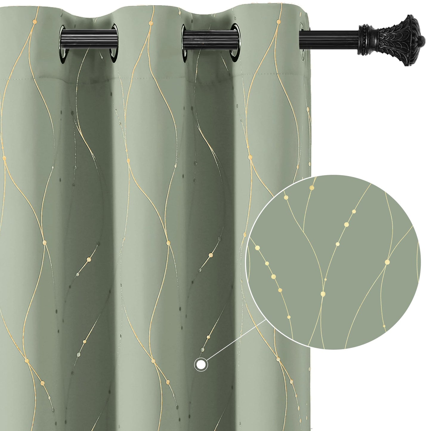 BUHUA Blackout Curtains Gold Foil Print Wave Line and Dots Grommet Drapes, Room Darkening Thermal Insulated Curtains, Noise Reducing Curtain for Bedroom, Sage Green, 52Wx72L, 2 Panels