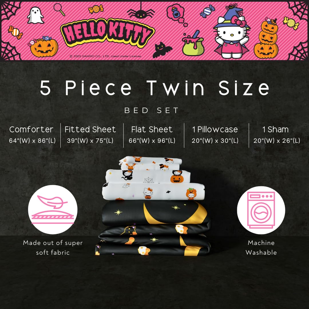 Sanrio Hello Kitty Halloween Pumpkin Twin Bed Set – Super Soft & Cozy 4 Piece Reversible Comforter and Sheet Set (Officially Licensed Product) by Franco