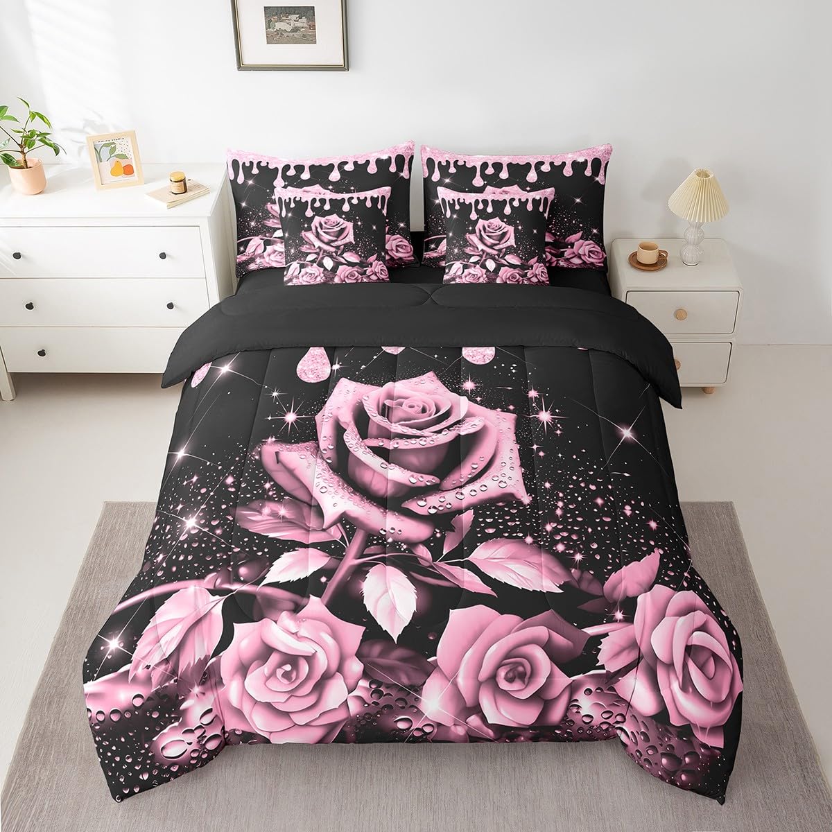Feelyou Pink Rose 7 Piece Bedding Set Full Size for Kids Boys Girls Teens Toddler Rose Floral Flower Comforter Set with Sheets Romantic Bed in a Bag Glitter Star Bed Set