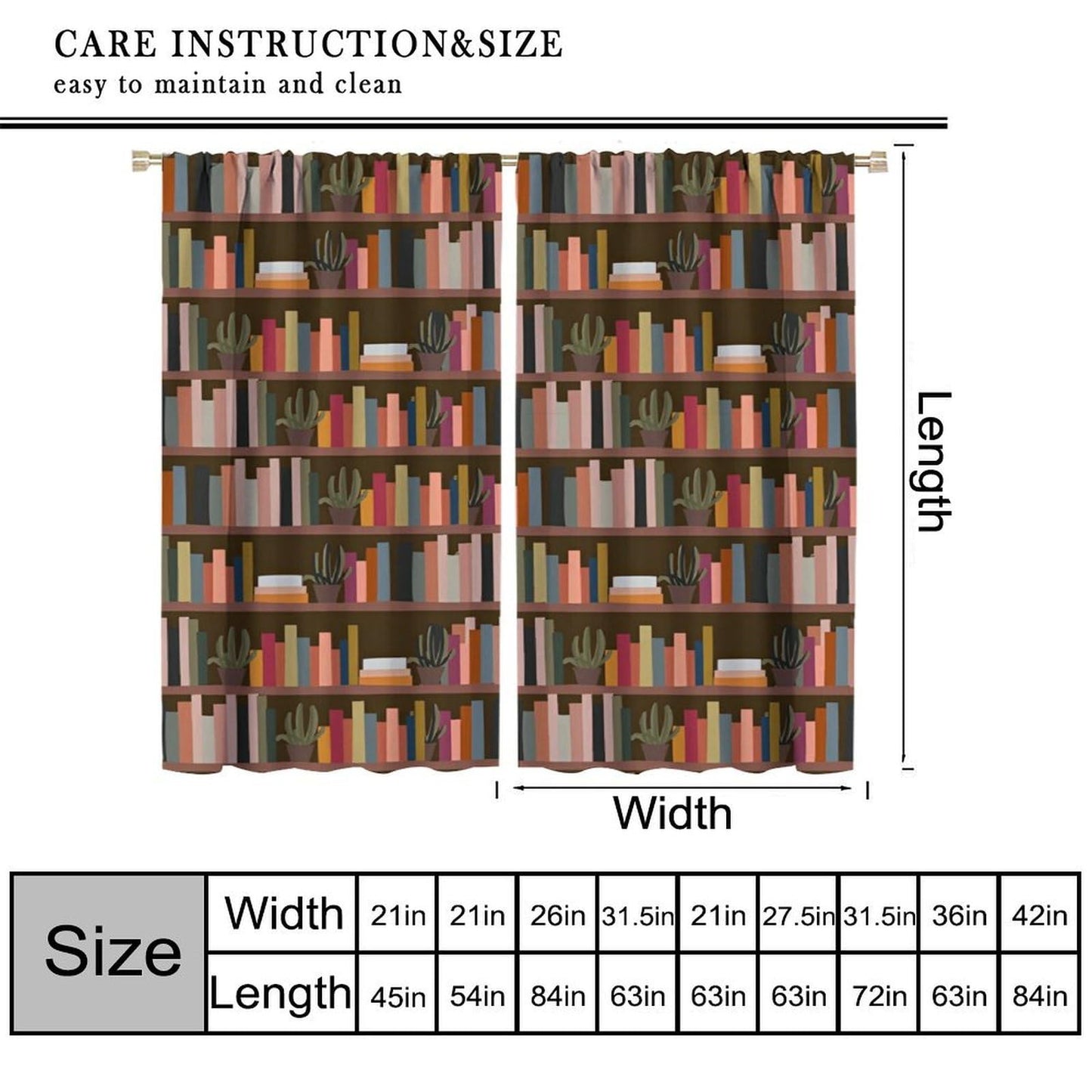 Nsbul Retro Bookshelf Curtains, Bohemian Bookcase Books Succulents Print Window Treatment for Bedroom Living Room Library Home Decor, 42" W X 45" L(No Blackout)