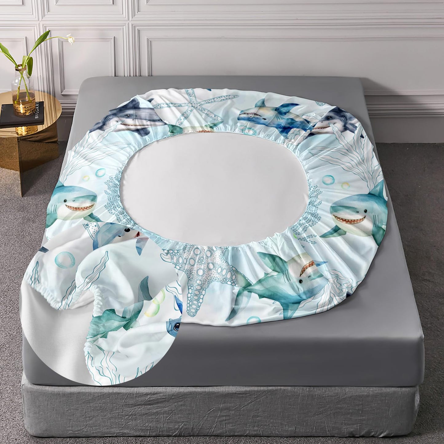 AILONEN Twin Bed Linen Set, Shark Pattern, Blue, 3 Piece Set (1 Fitted Sheet, 2 Pillowcases)