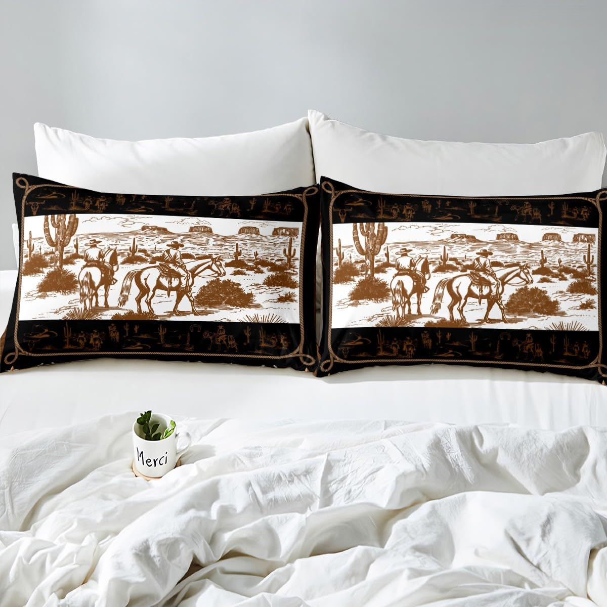 Manfei Western Cowboy Duvet Cover Set Queen Size, Cowboy Horse Western Bedding Set 3pcs, Wild West Cactus Farmhouse Brown Quilt Cover, Kids Boys Teens Room Decor, 2 Pillowcases, No Comforter