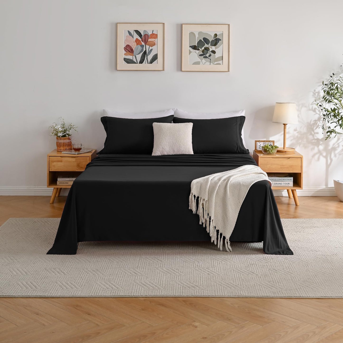 Yibeizi Black Sheet Set Full Size, Kids Bedsheets Microfiber Deep Pocket Cute Bed Sheet & Pillowcase Sets 4 Pieces