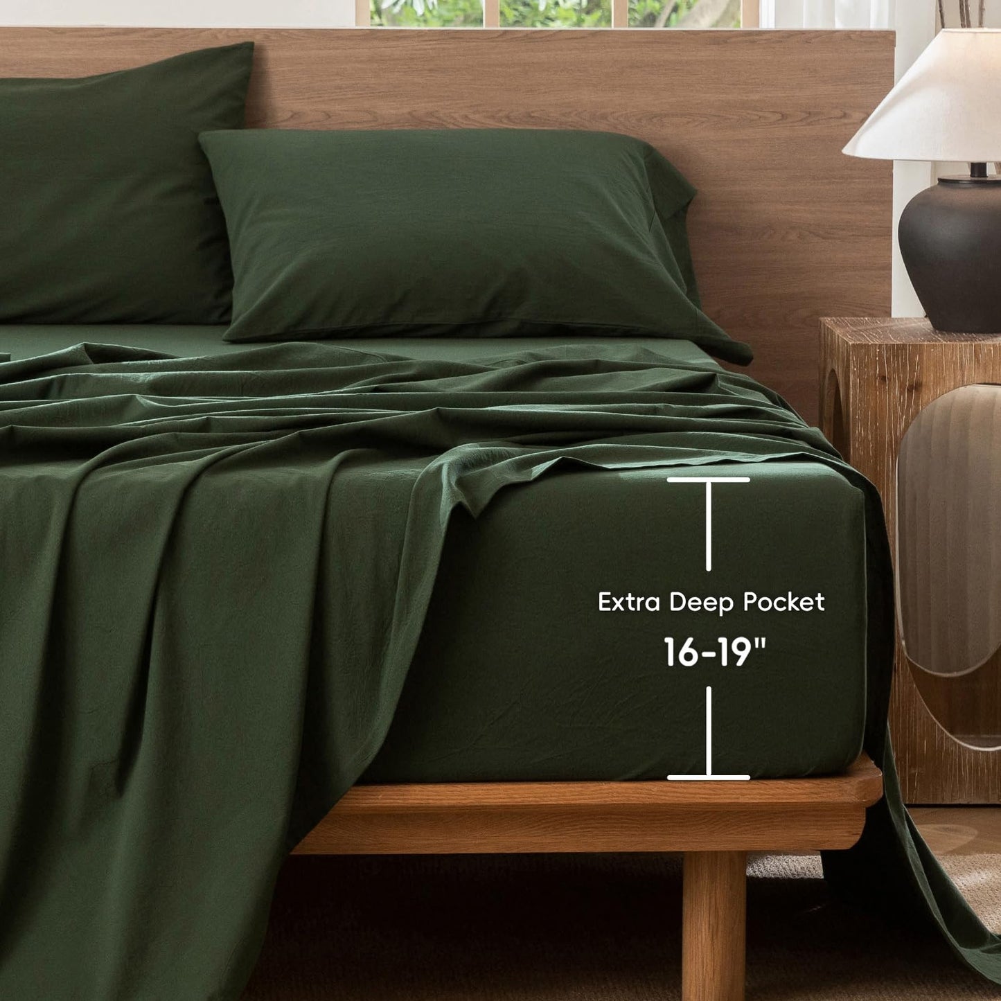 MooMee Fitted Bottom Sheet Only 100% Washed Cotton Linen Like Textured Breathable Durable Soft Comfy Deep Pocket Fits Mattress up to 17" (Forest Green, Queen)