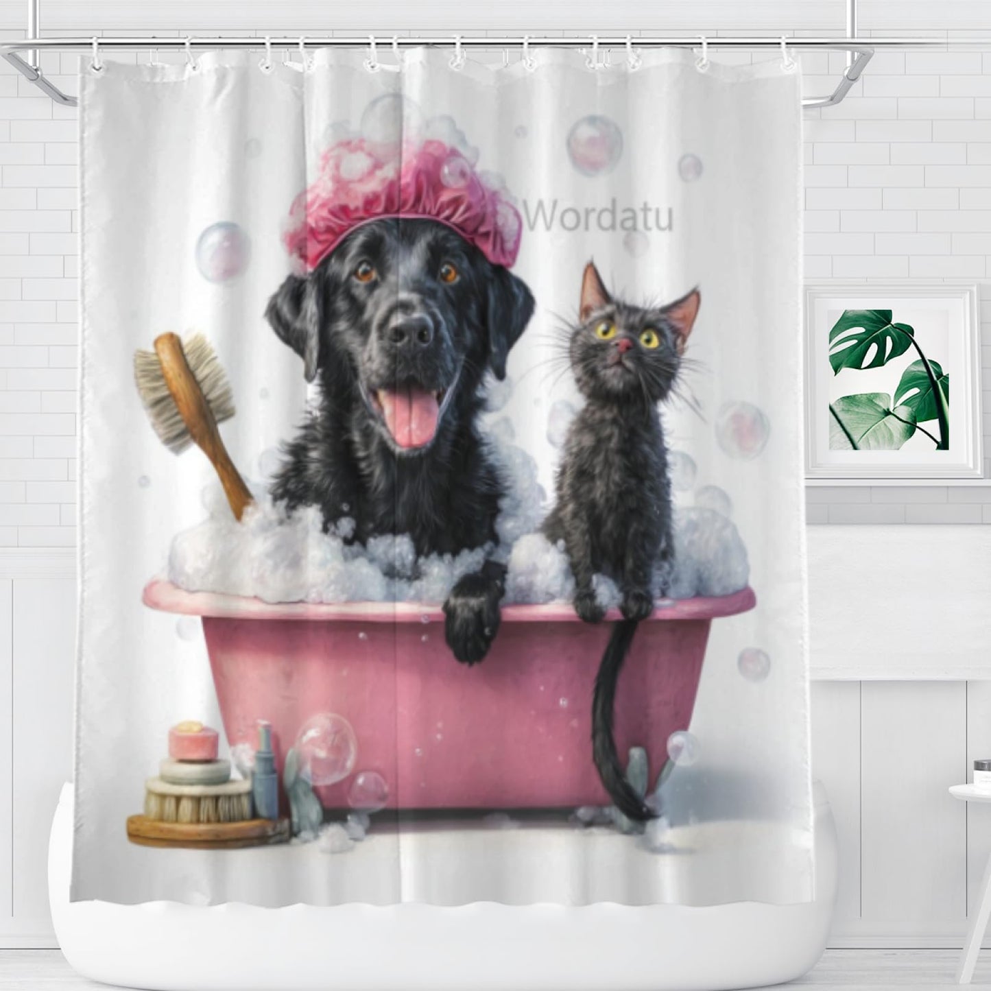 Wordatu Funny Black Labrador Dog Shower Curtain Decor Fabric Bathroom Curtains, Kids Children Cartoon Waterproof 72x72 inch with 12 Hooks