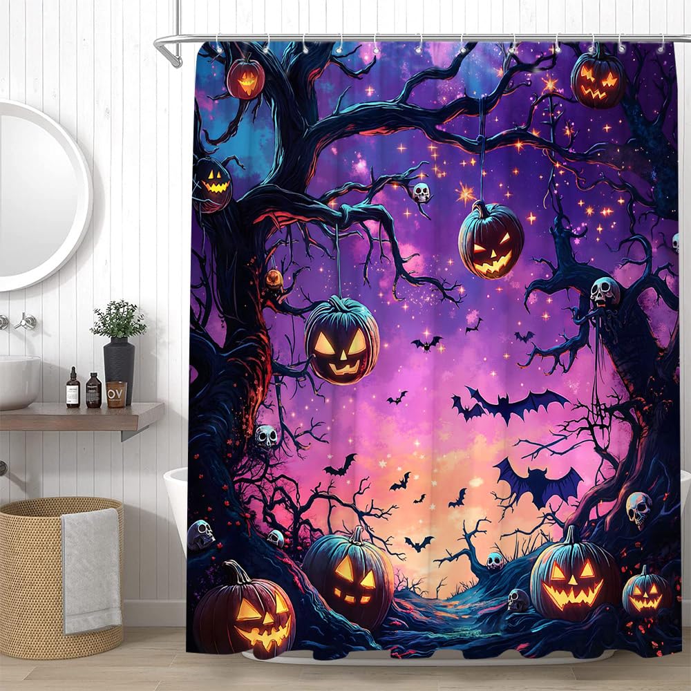 YSSFAV Purple Halloween Shower Curtain Spooky Pumpkin Fantasy Starry Sky Scary Night Bats Black Tree Horror Skull Gothic Bathroom Decor Curtains Set with Hooks, 70" W x 70" H