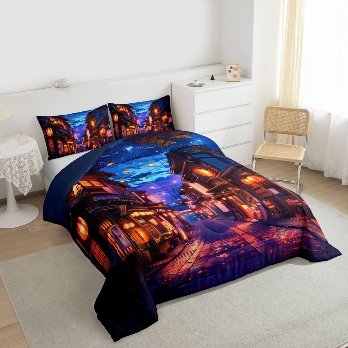 jejeloiu Japanese Kids Comforter Set Toddler Size Anime Street Bedding Set Tokyo Duvet Quilt for Kids Boys Girls Bedroom Decor Microfiber Ultra Soft Breathable