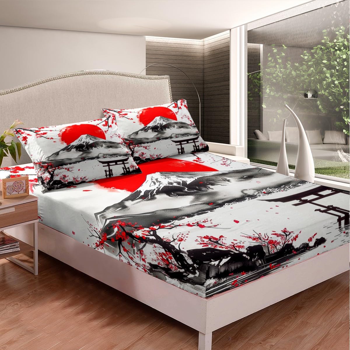 Feelyou Japanese Theme Bedding Sheets Full Fujiyama Bed Sheet Set for Adult Kids Cherry Blossom Fitted Sheet Natural Landscape Bed Cover 3Pcs,1 Fitted Sheet+2 Pillow Sham（No Flat Sheet）