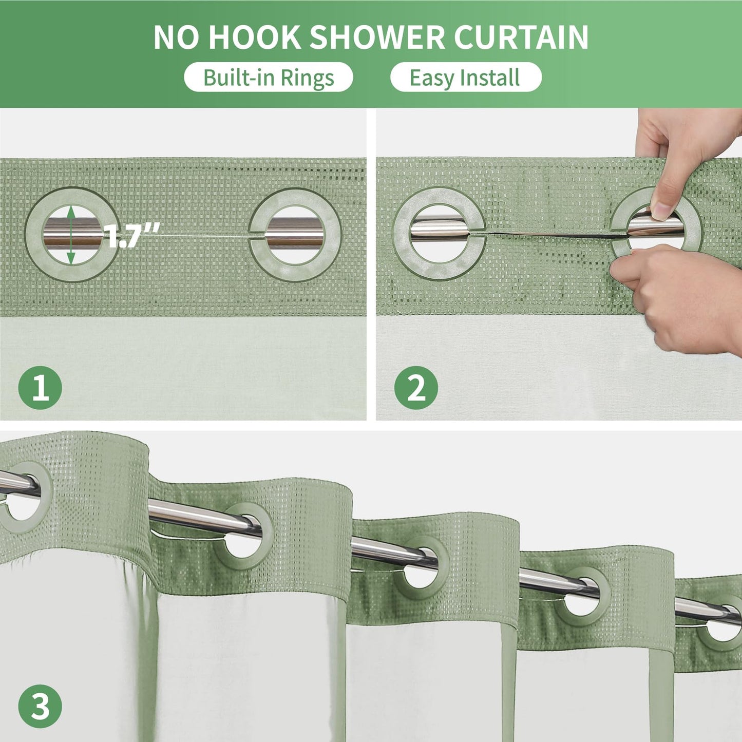 eachope Extra Long No Hook Shower Curtain with Snap-in Fabric Liner Set, Waffle Weave Shower Curtains for Bathroom,Hotel Luxury Decor Bathroom Curtain Set,Waterproof & Washable,71Wx86H,Sage Green