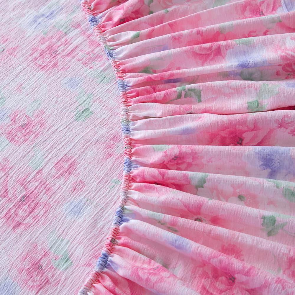 NATURETY Bedding Fitted Sheet with Deep Pocket,Pink Floral Printed Fabric Bed Sheets(Pink Flower,Twin)