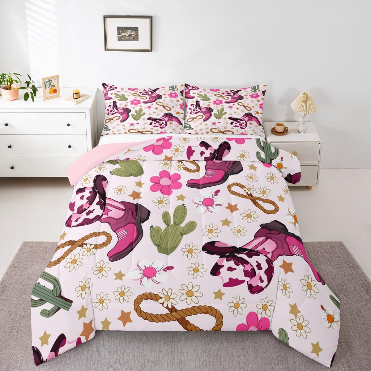 Feelyou Western Kids Comforter Set Full Size Cowgirl Floral Bedding Set Western Cowboy Boots Duvet Quilt for Kids Boys Girls Bedroom Wild West Cactus Flower Decor Light Pink Ultra Soft Breathable