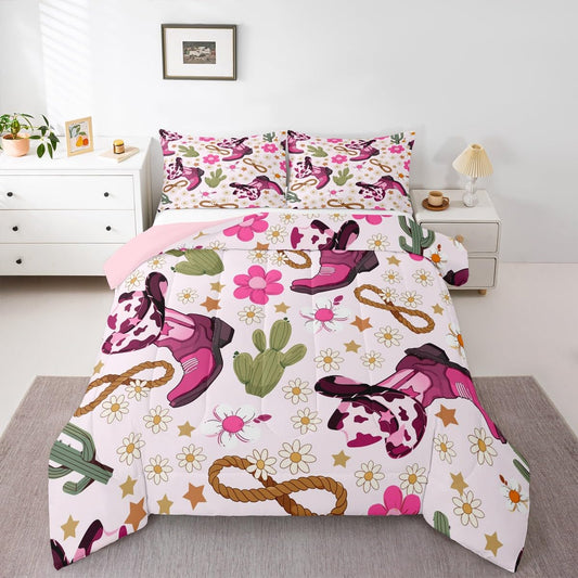 Feelyou Western Kids Comforter Set Full Size Cowgirl Floral Bedding Set Western Cowboy Boots Duvet Quilt for Kids Boys Girls Bedroom Wild West Cactus Flower Decor Light Pink Ultra Soft Breathable