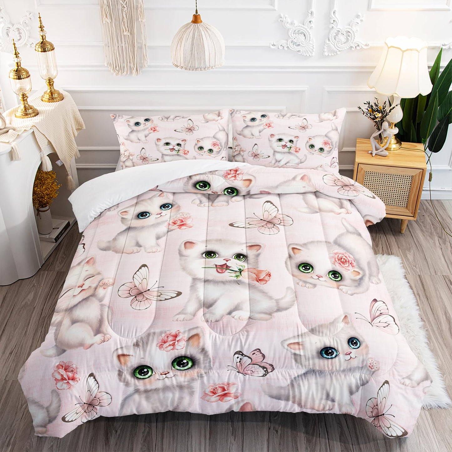 XYNHML Kids Bedding Full Cartoon Cat Comforter 3 Pieces Pink White Cat Butterflies Comforter Set for Teens Kids Boys Girls Adults Kawaii Flower Quilt with 1 Comforter and 2 Pillowcases