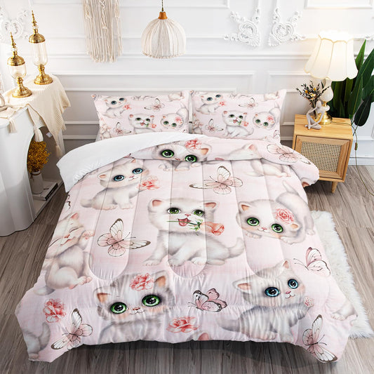 XYNHML Kids Bedding Full Cartoon Cat Comforter 3 Pieces Pink White Cat Butterflies Comforter Set for Teens Kids Boys Girls Adults Kawaii Flower Quilt with 1 Comforter and 2 Pillowcases