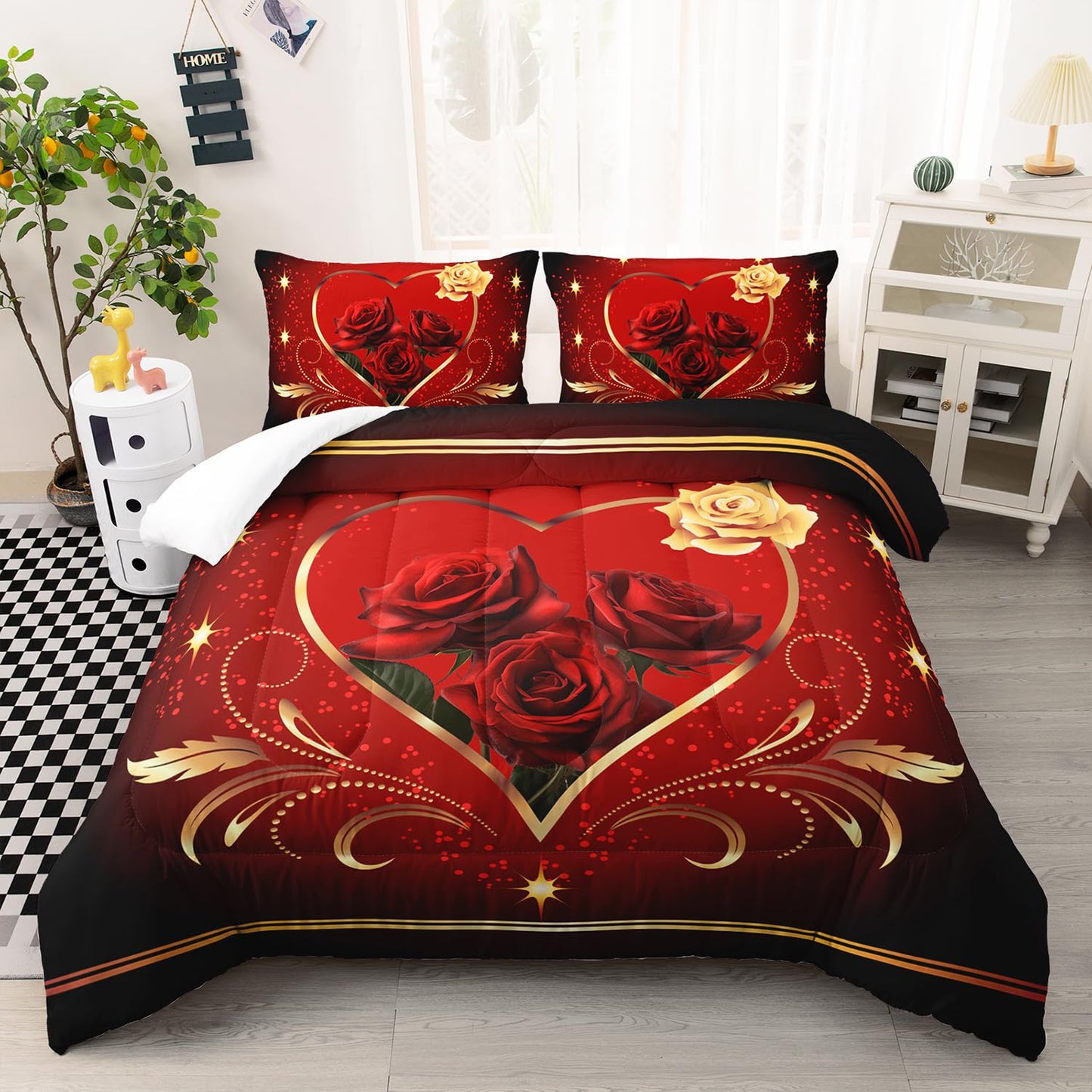 AILONEN Beautiful Red Rose Comforter Set Queen Size, 3D Oil Rose Bedding Set for Girls Women Bedroom Decor,Romantic Moemnt Bed in a Bag,Love Pattern Duvet Set,3 PCS, 1 Quilt 2 Pillowcases